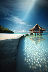 Wooden jetty to overwater bungalow.. Amazing paradise islands of Maldives. Generative AI