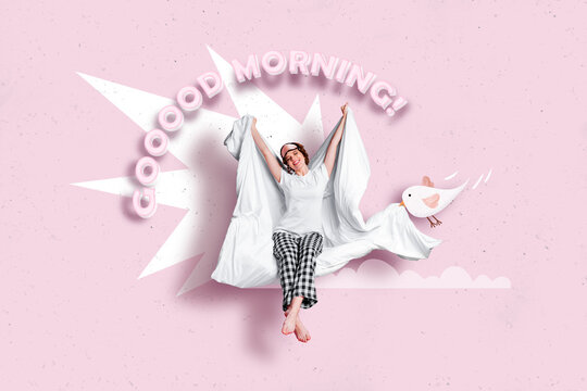 Collage 3d artwork cartoon image picture poster of funny sleepy girl waking up late sunny morning isolated on drawing background