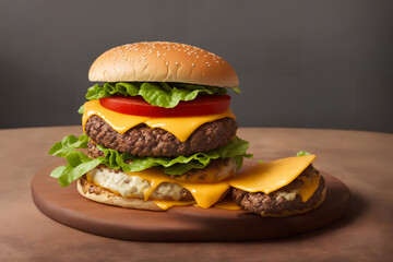 Double cheeseburger, meat hamburger on wooden plate grey color background, american fast food. Generative Ai