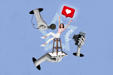 Creative 3d drawing collage artwork sketch illustration of funny happy girl actress answer question...