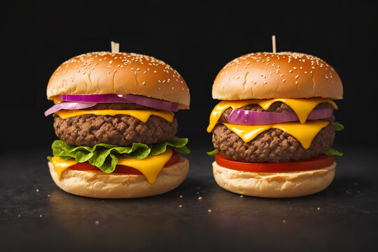 hamburger on black background, double cheeseburger. Ai generated