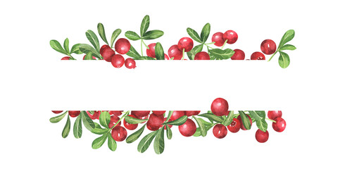 Watercolor hand drawn rectangular badge frame with green leaves and wigs and red berries on the white background. Perfect for invitations and cards. © Elena