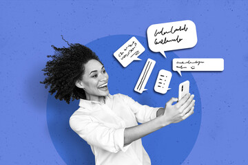 Creative collage portrait of cheerful black white gamma girl use smart phone chatting typing isolated on drawing blue background