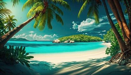 Tropical island beach shore with exotic palm trees, crystal-clear turquoise Caribbean sea water and white sand. Generative AI illustration.