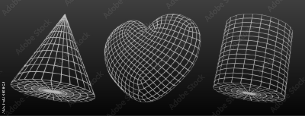 Poster 3d wireframe geometric shapes. abstract geometry objects from line grid. polygonal figures of heart,