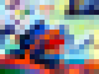 Abstract colorful pixel background. Vibrant colored rectangles of and geometric shapes. Trippy psychedelic pixel art illustration. Multicolored mosaic design. Pixels texture. Old video games style.