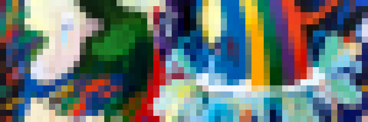 Abstract colorful pixel background. Vibrant colored rectangles of and geometric shapes. Trippy psychedelic pixel art illustration. Multicolored mosaic design. Pixels texture. Old video games style.