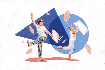 Fototapeta premium Collage creative 3d artwork picture sketch of cheerful glad people girls waking up have fun together isolated on drawing background
