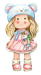 Watercolor hand drawn cute doll Tilda in dress.Hand drawn watercolor illustration isolated on white.Designf for baby shower party, birthday,cake, holiday celebration design. greetings card,invitation.