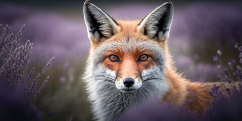 Fototapeta premium Portrait of a fox with lavender in the background Generative AI