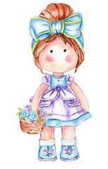 Watercolor hand drawn cute doll Tilda in dress.Hand drawn watercolor illustration isolated on white.Designf for baby shower party, birthday,cake, holiday celebration design. greetings card,invitation.