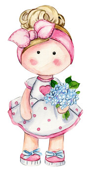 Watercolor hand drawn cute doll Tilda in dress.Hand drawn watercolor illustration isolated on white.Designf for baby shower party, birthday,cake, holiday celebration design. greetings card,invitation.