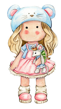 Watercolor hand drawn cute doll Tilda in dress.Hand drawn watercolor illustration isolated on white.Designf for baby shower party, birthday,cake, holiday celebration design. greetings card,invitation.