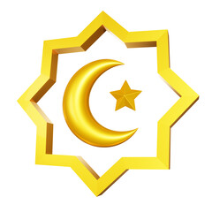 3D Crescent moon with a star in the middle of Islamic ornament. Realistic elements for Islamic events, Ramadhan banners, and posters. 3D Rendering
