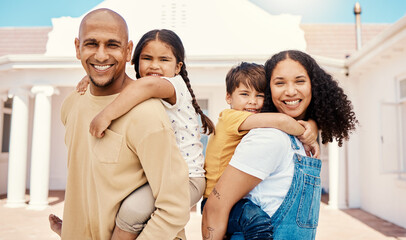 Portrait, happy family and smile outdoor at new house, real estate loan and building mortgage. Parents, kids and piggyback outside for property investment, moving home and excited for future security