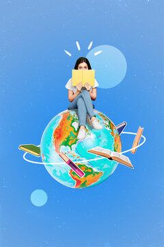 Minimal collage photo of young student girl reading favorite encyclopedia book enjoy geography literature sit globus isolated on blue background