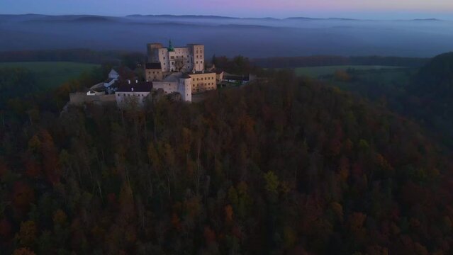 Aerial video footage of Buchlov Castle in the Czech Republic. Autumn around Buchlov Castle in South Moravia.
