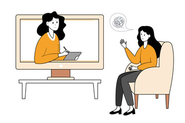 Emotional and psychological support online. Woman talking to psychologist on the screen. Vector illustration.