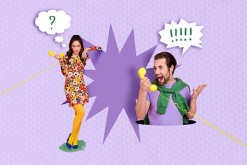 Composite collage of young funny couple telecommunication retro line call annoyed guy screaming no signal girlfriend isolated on purple background