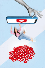 Photo collage design advertisement of young popular blogging star falling down from phone display...