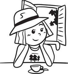 Cartoon girl drinking coffee doodle kawaii anime coloring page cute illustration drawing clip art character chibi manga comic