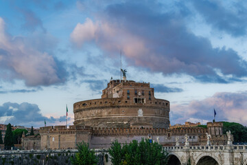 Rome Italy Castel Sant’Angelo evening view with Ponte Sant’Angelo pedestrian bridge visible and...