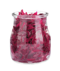 Glass jar of tasty red cabbage sauerkraut isolated on white