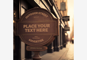 A Large Wood Vintage Sign Mockup On The Sidewalk Next To The Old City Street Generative AI