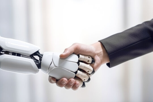 Business handshake between robot and human partners or friends. Generative AI.
