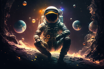 Obraz na płótnie Canvas Astronaut posing on a planet in space, generative AI
