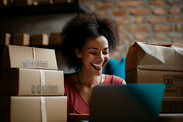Retrato feminino mulher sorrindo com caixa de papelão compradora Comércio eletrônico computador caixa smartphone compra online negócios tecnologia frete entrega compra IA Generativa
