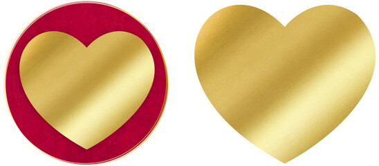 Heart of Gold, symbol of a good and kind person. Heart shape isolated in gold and on a red circle.