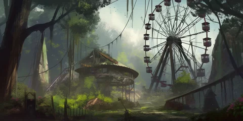 Deurstickers 観覧車のある遊園地の廃墟_Ruins of an amusement park with a Ferris wheel_generative ai © chika