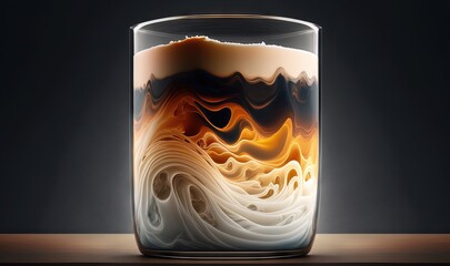  a glass with a liquid inside of it on a table.  generative ai