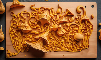  a wooden cutting board with a carving of a tree and flowers.  generative ai