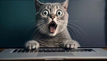 The Comical and Adorable Surprised Cat at Work: A Hilarious Expression of Shock and Amusement. Generative AI