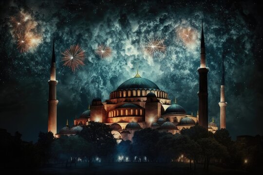 View of Istanbul, Turkey's Hagia Sophia at night with fireworks lighting up the dark sky. Generative AI