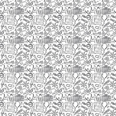 seamless medicine pattern. Doodle vector background with medicine icons. Vintage medicine icons