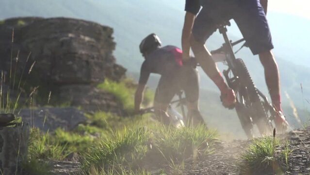 Mountain bikes in slow motion. close up wheels