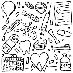 Doodle medicine icons. Doodle vector illustration with medicine icons. Vintage medicine background