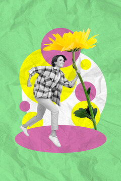 Photo collage artwork minimal picture of carefree excited lady running delivering flowers isolated drawing background