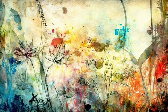 Plant and flower, Grunge style beautiful colorful abstract art (Ai generated)