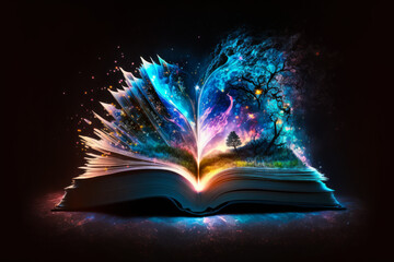 An open book with glowing light inside it. Generative AI.