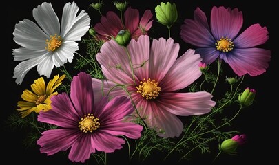 Fototapeta na wymiar a bunch of different colored flowers on a black background with a black background. generative ai