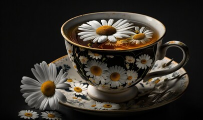 Obraz na płótnie Canvas a cup of tea with daisies on a saucer. generative ai
