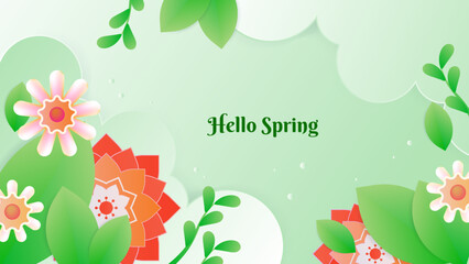 Beautiful light green spring landscape with flowers in flat style