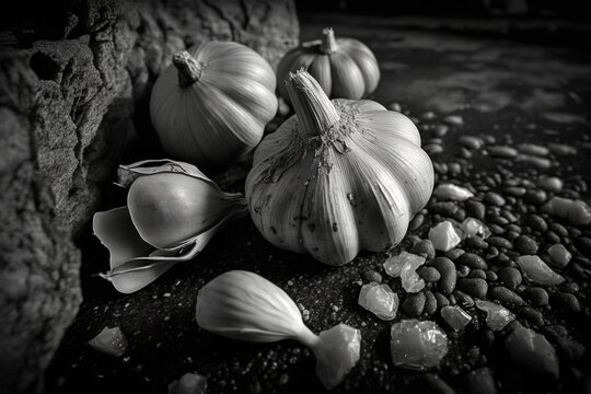 Garlic harvest, heads on gray concrete. Macro photography, a rural scene in the fall, and a dark image. Images and backgrounds of autumn. Generative AI