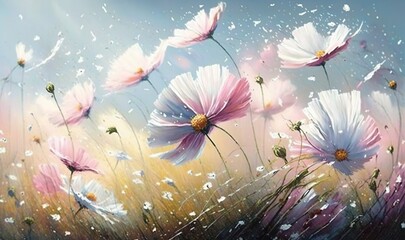  a painting of pink and white flowers on a blue background.  generative ai