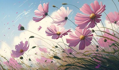  a painting of pink flowers in a field with a blue sky in the background.  generative ai