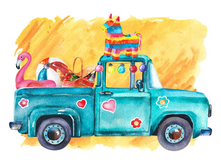 Watercolor car. An old blue pickup truck with various beach items in the back on a yellow background © Eva Kleinman
